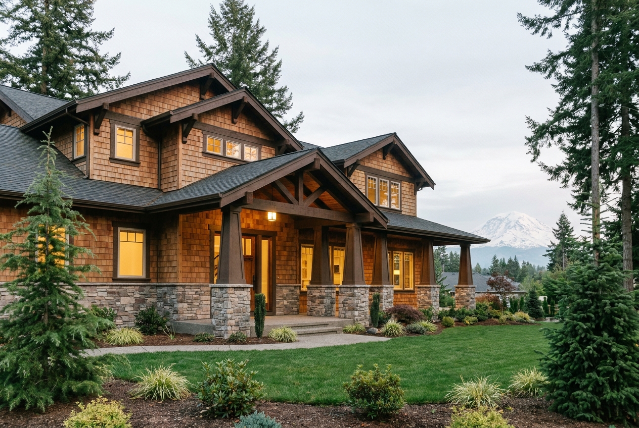 A craftsman home in the evergreens with a Cascade peak beyond at dusk